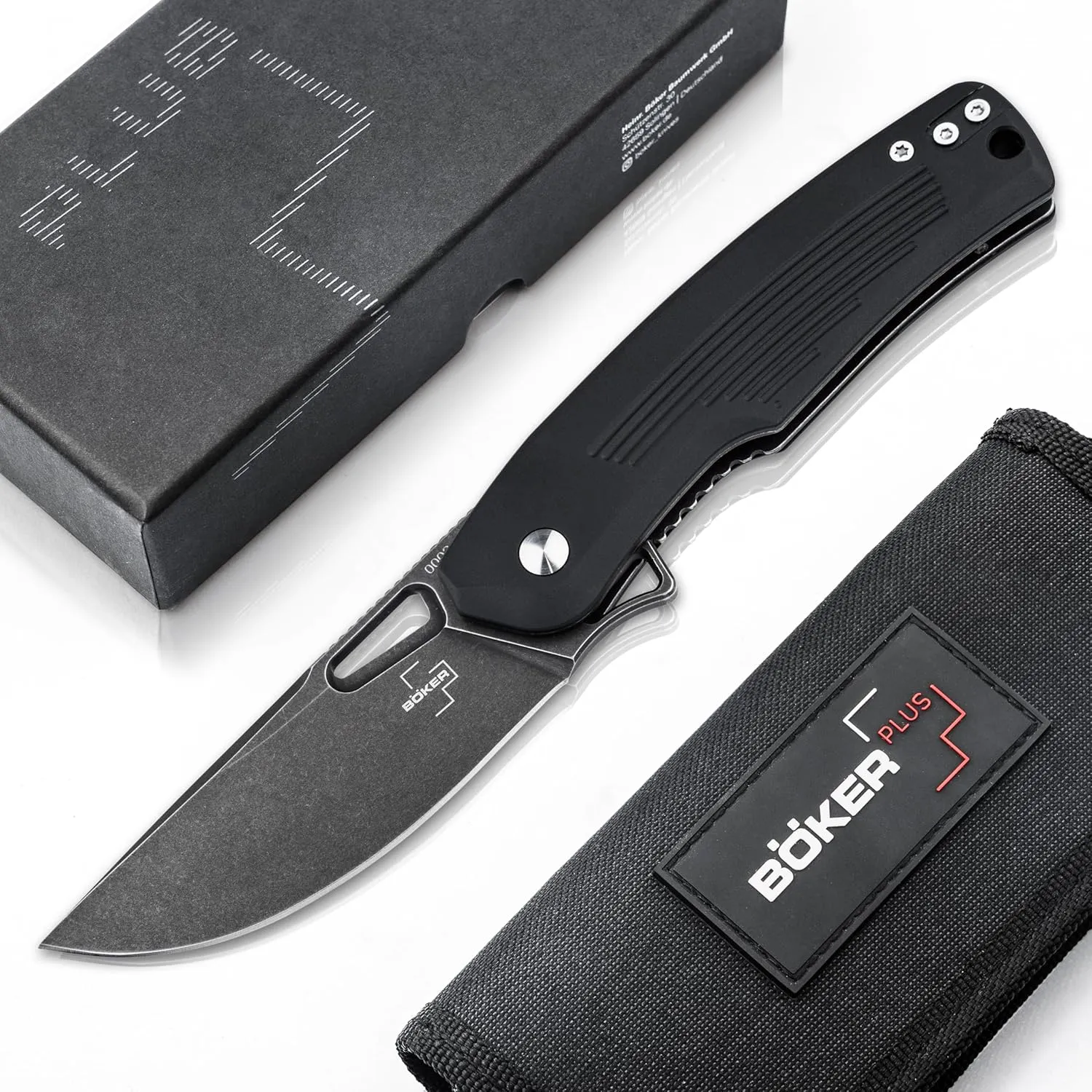 BÖKER PLUS® Nahal Flipper knife - military tactical knife with thumb hole - black D2 blade - tactical folding knife with clip - with case & gift box