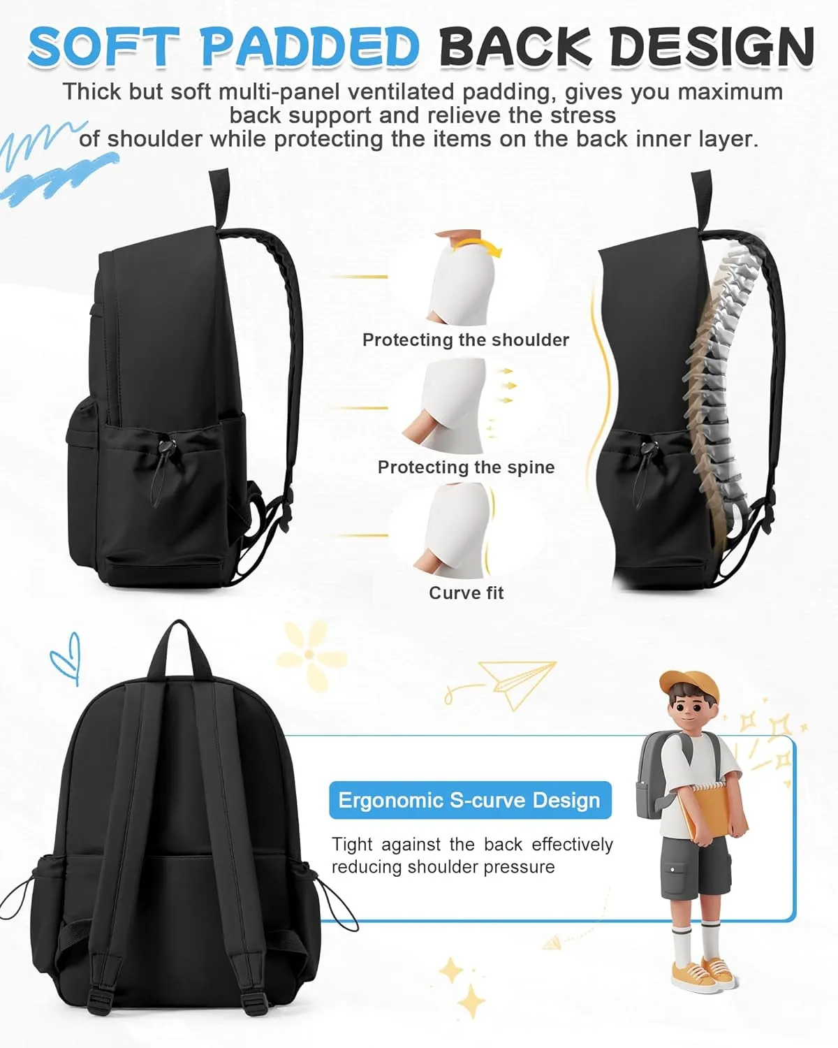 Black Backpack for School, High School Bookbag Back Pack for Teens Girls Boys, Lightweight College Backpack Book Bag for Women Men, Simple Casual Daypack Backpack Mochilas Escolares para Adolescentes