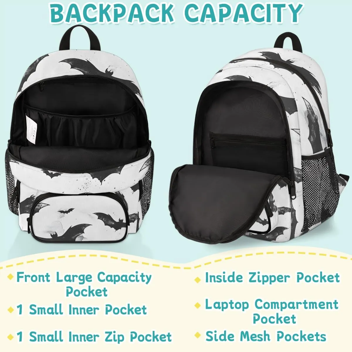 Black Bats Halloween Carry on Travel Backpack for Women Men Water resistant Lightweight Rucksack Backpack for Weekender Casual Work Hiking Spooky Creepy Halloween