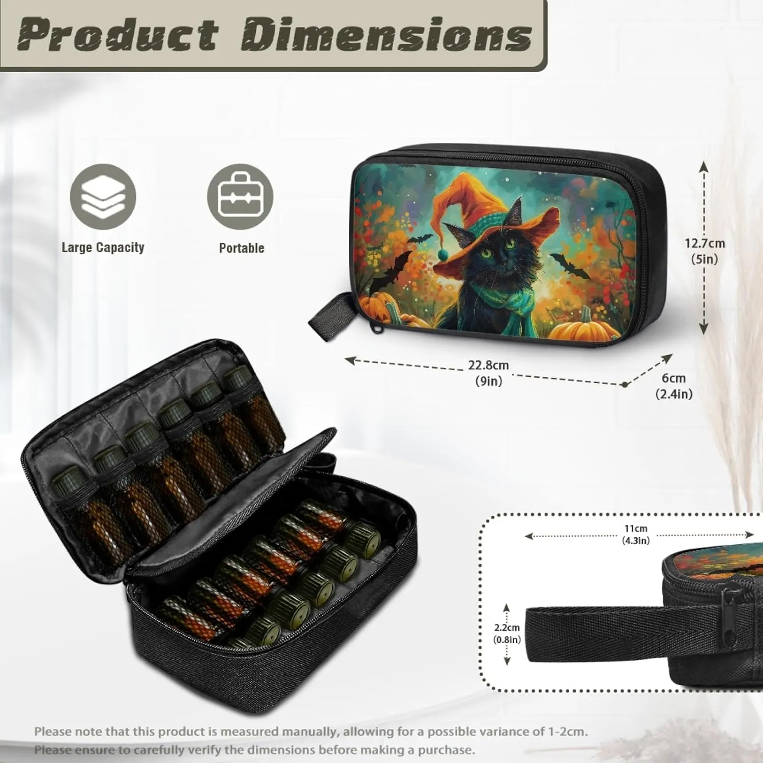 Black Cat Bat Pattern Essential Oil Storage Softness Lightweight Essential Oils Case for 5ml, 10ml, 15ml Essential Oils Travel Case Storage Holder Organizer