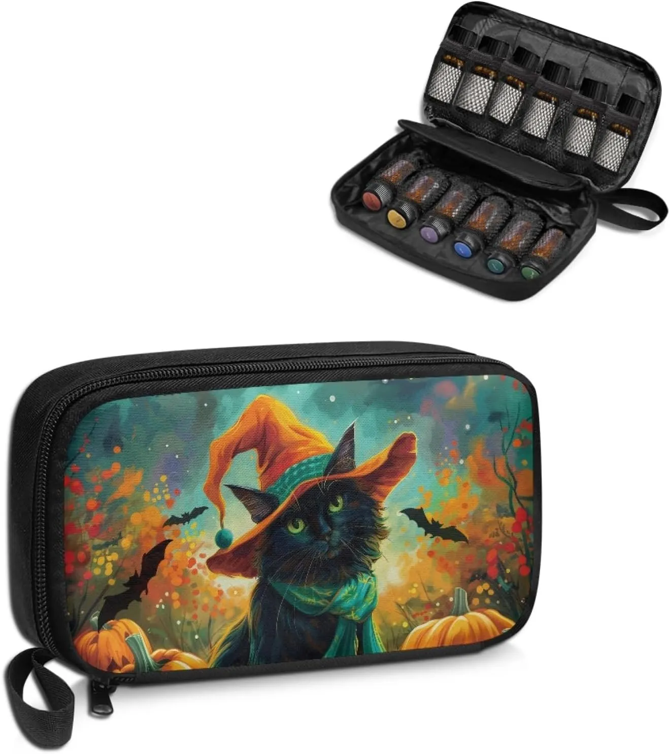 Black Cat Bat Pattern Essential Oil Storage Softness Lightweight Essential Oils Case for 5ml, 10ml, 15ml Essential Oils Travel Case Storage Holder Organizer