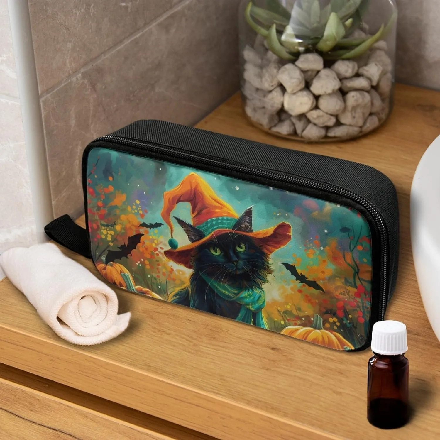 Black Cat Bat Pattern Essential Oil Storage Softness Lightweight Essential Oils Case for 5ml, 10ml, 15ml Essential Oils Travel Case Storage Holder Organizer