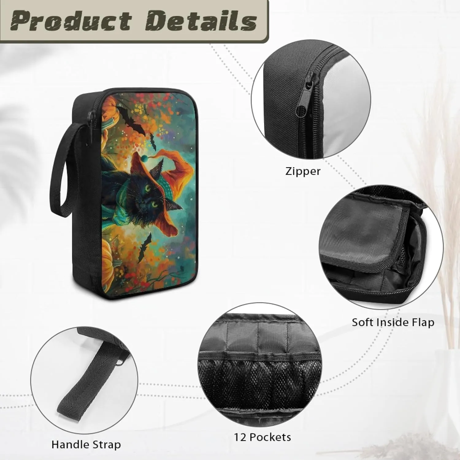 Black Cat Bat Pattern Essential Oil Storage Softness Lightweight Essential Oils Case for 5ml, 10ml, 15ml Essential Oils Travel Case Storage Holder Organizer