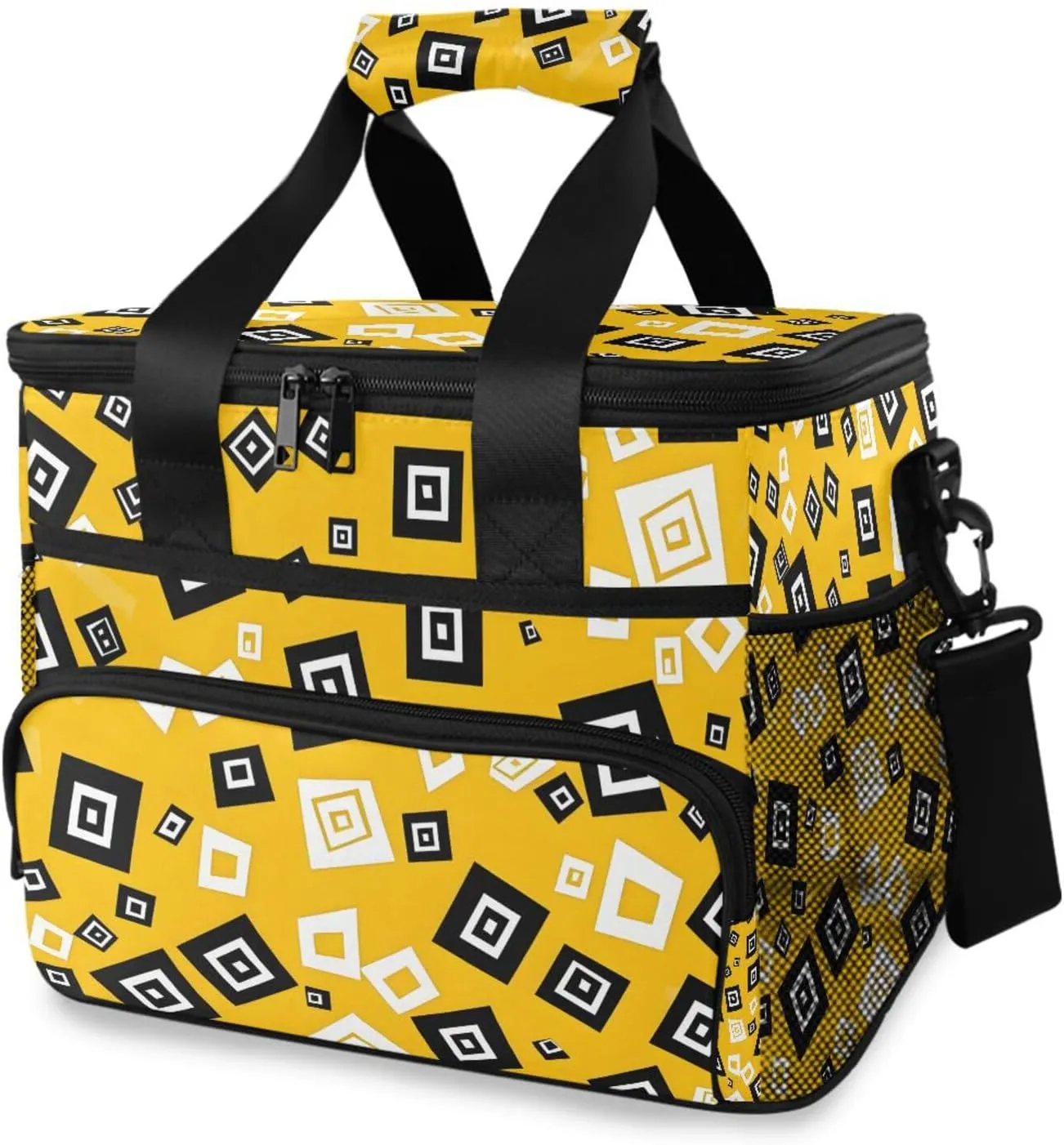 Black Geometric Figure Yellow Cooler Bag Insulated Cooler Soft Sided Cooler 24 Can Portable Picnic Bag Large Leakproof Lunch Bag Box for Beach Grocery Camping Travel Car Men Women