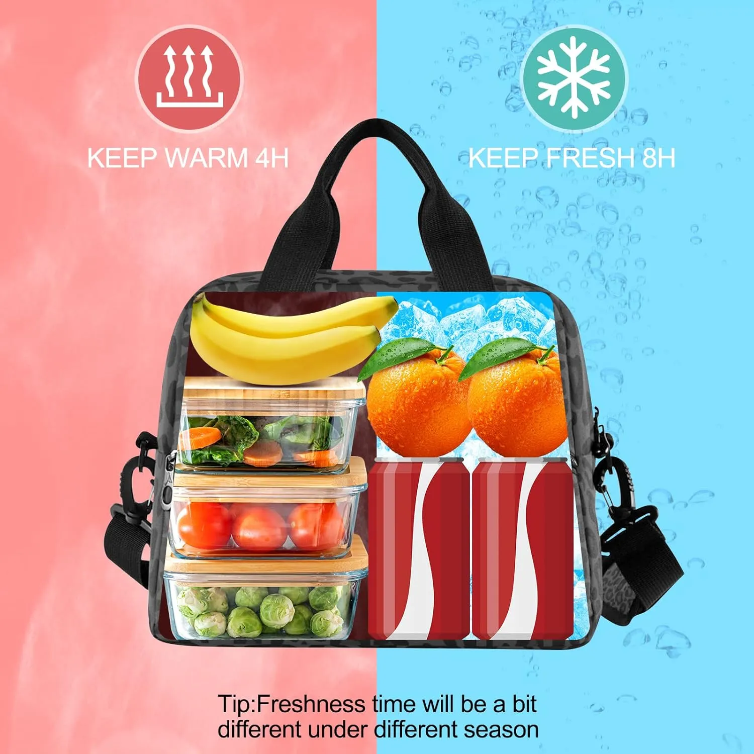 Black Leopard Insulated Lunch Bag Animal Skin Print Reusable Cooler Lunch Tote Box with Shoulder Strap for Work Picnic School Beach