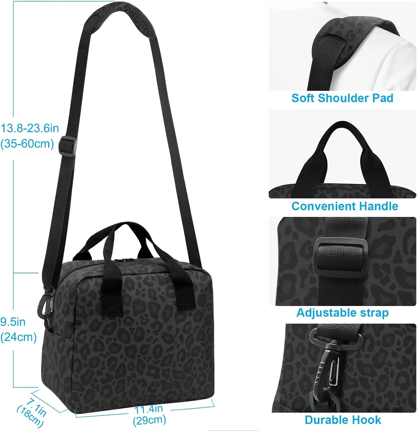 Black Leopard Insulated Lunch Bag Animal Skin Print Reusable Cooler Lunch Tote Box with Shoulder Strap for Work Picnic School Beach