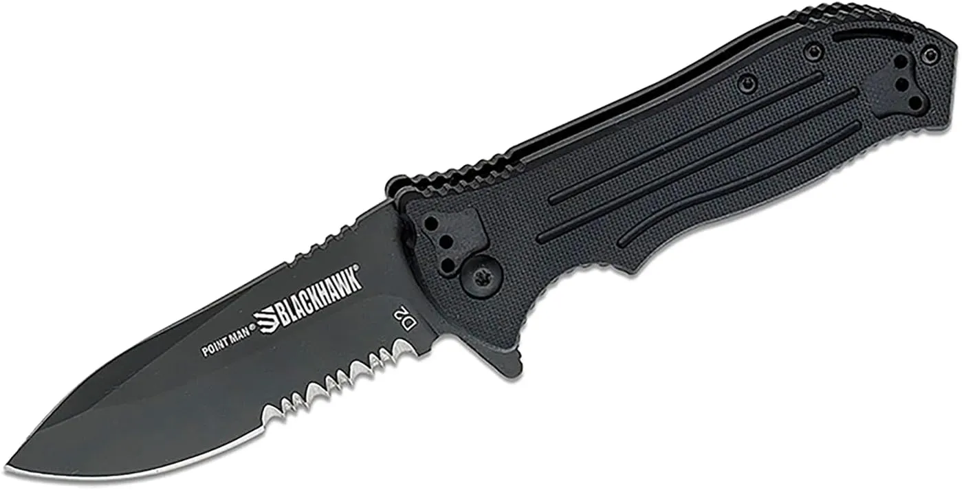 BLACKHAWK POINT MAN Knife G10 Sideliner 3-3/8” Partially Serrated D2 Tool Steel Blade with G10 Handle (BH15PM211BK)