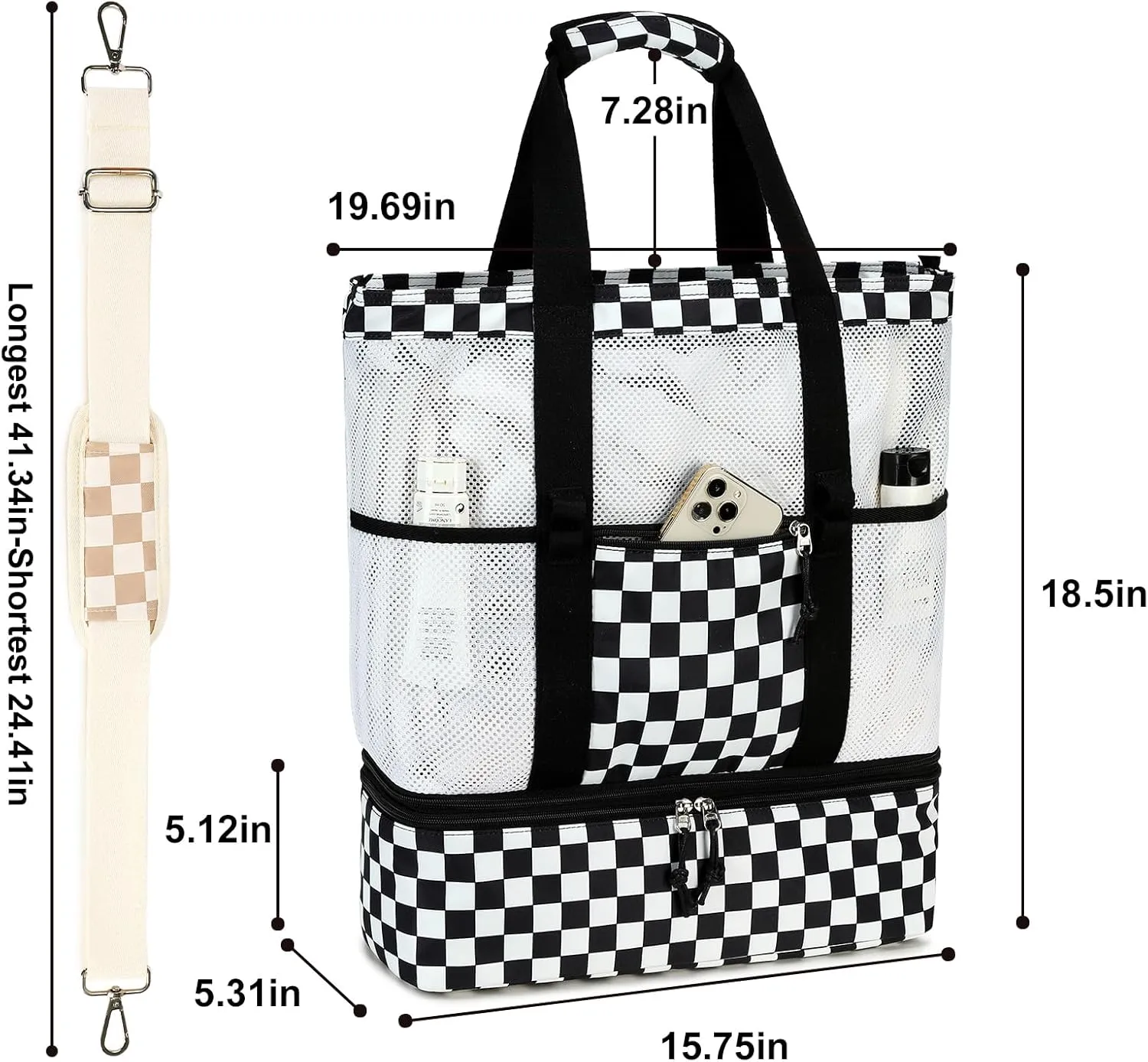 Bluboon Mesh Beach Tote Bag with Cooler Compartment Insulated Detachable Picnic Bag with Zipper and Pocket Pool Bag for Women