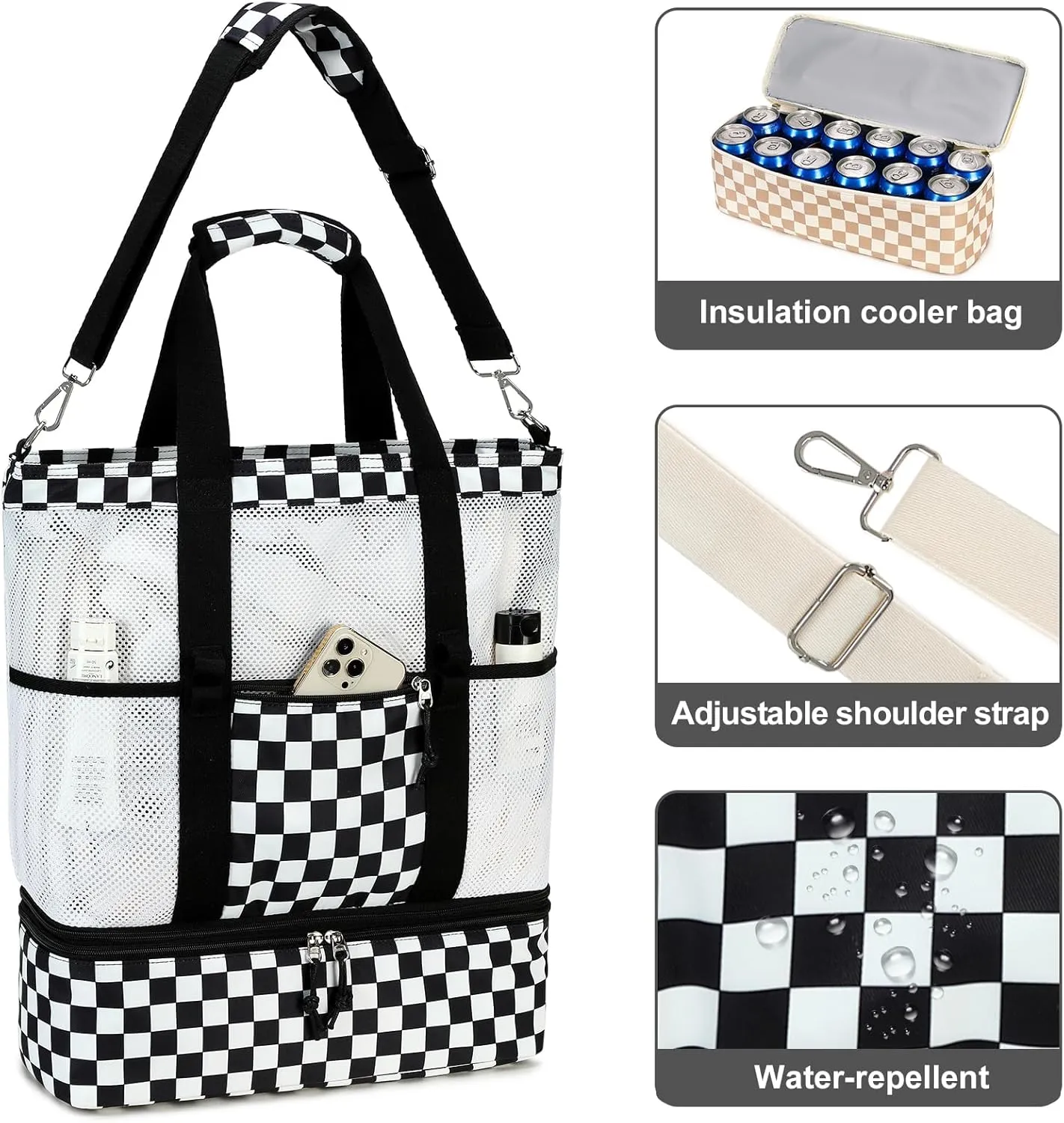 Bluboon Mesh Beach Tote Bag with Cooler Compartment Insulated Detachable Picnic Bag with Zipper and Pocket Pool Bag for Women