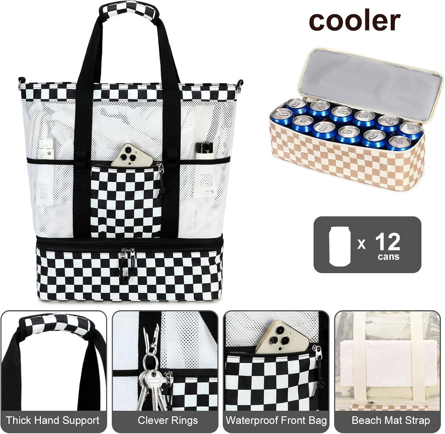 Bluboon Mesh Beach Tote Bag with Cooler Compartment Insulated Detachable Picnic Bag with Zipper and Pocket Pool Bag for Women