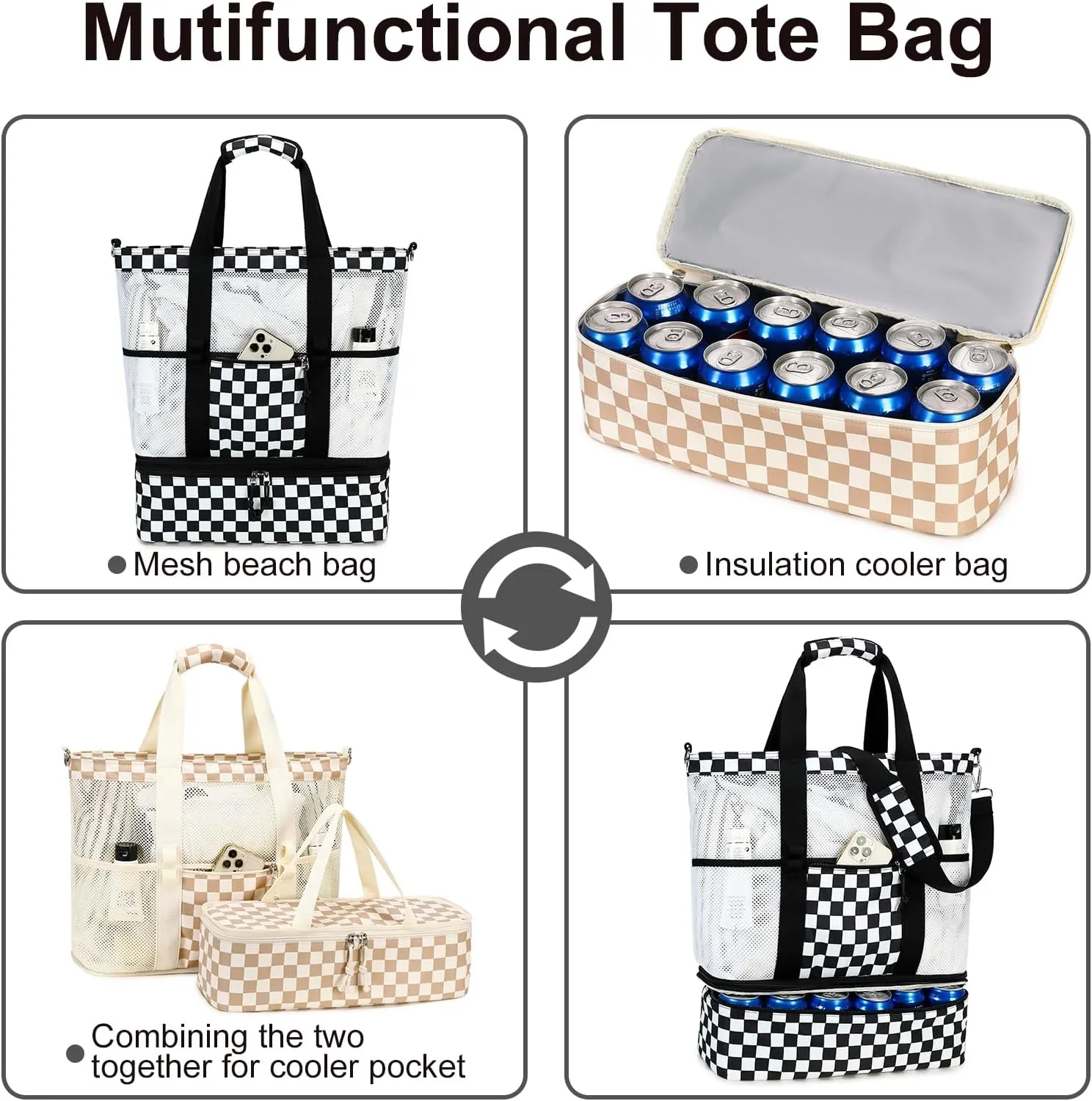 Bluboon Mesh Beach Tote Bag with Cooler Compartment Insulated Detachable Picnic Bag with Zipper and Pocket Pool Bag for Women