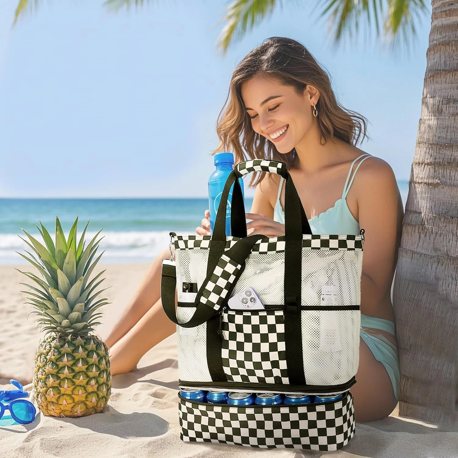 Bluboon Mesh Beach Tote Bag with Cooler Compartment Insulated Detachable Picnic Bag with Zipper and Pocket Pool Bag for Women