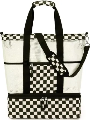 Bluboon Mesh Beach Tote Bag with Cooler Compartment Insulated Detachable Picnic Bag with Zipper and Pocket Pool Bag for Women