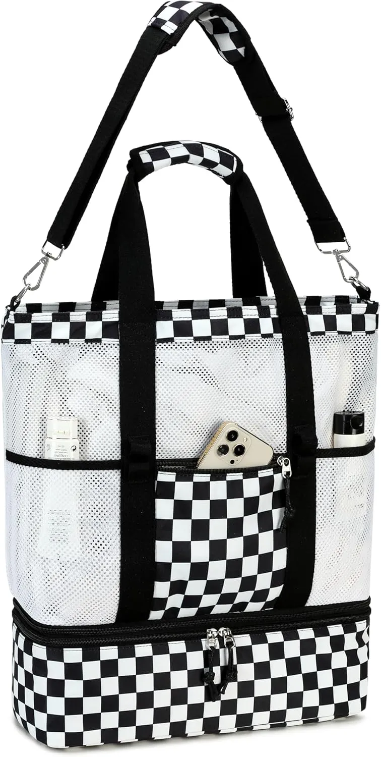 Bluboon Mesh Beach Tote Bag with Cooler Compartment Insulated Detachable Picnic Bag with Zipper and Pocket Pool Bag for Women