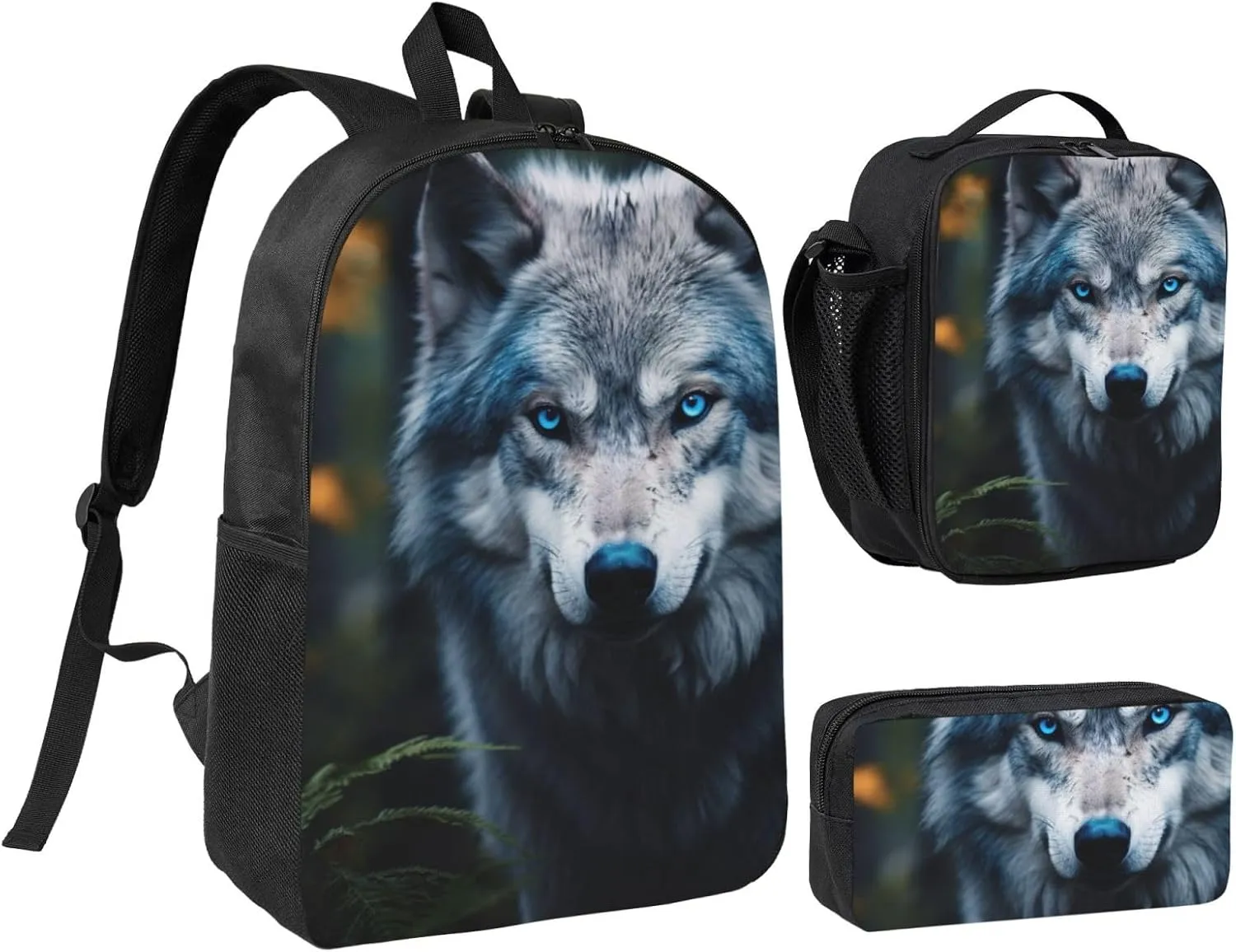 Blue Eyes Wolf1 print Backpack 3pcs Set Including 17 Inch Large BookBag With Lunch Bag And Practical Pen Bag