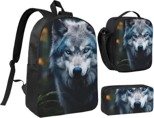 Blue Eyes Wolf1 print Backpack 3pcs Set Including 17 Inch Large BookBag With Lunch Bag And Practical Pen Bag