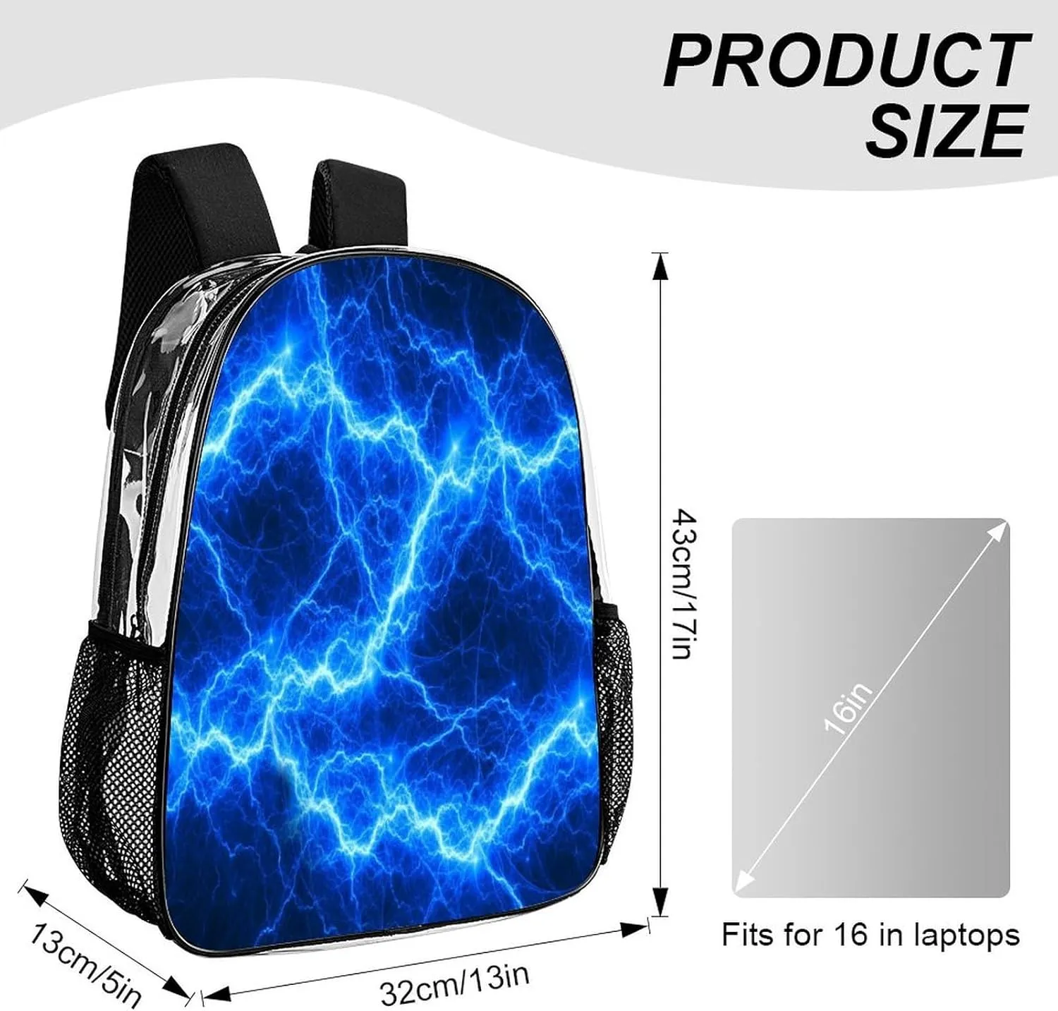 Blue Fantasy Lightning Clear Backpack PVC Water Resistant Hiking Business Travel Transparent Durable Daypack for Women Men 43x32x13cm