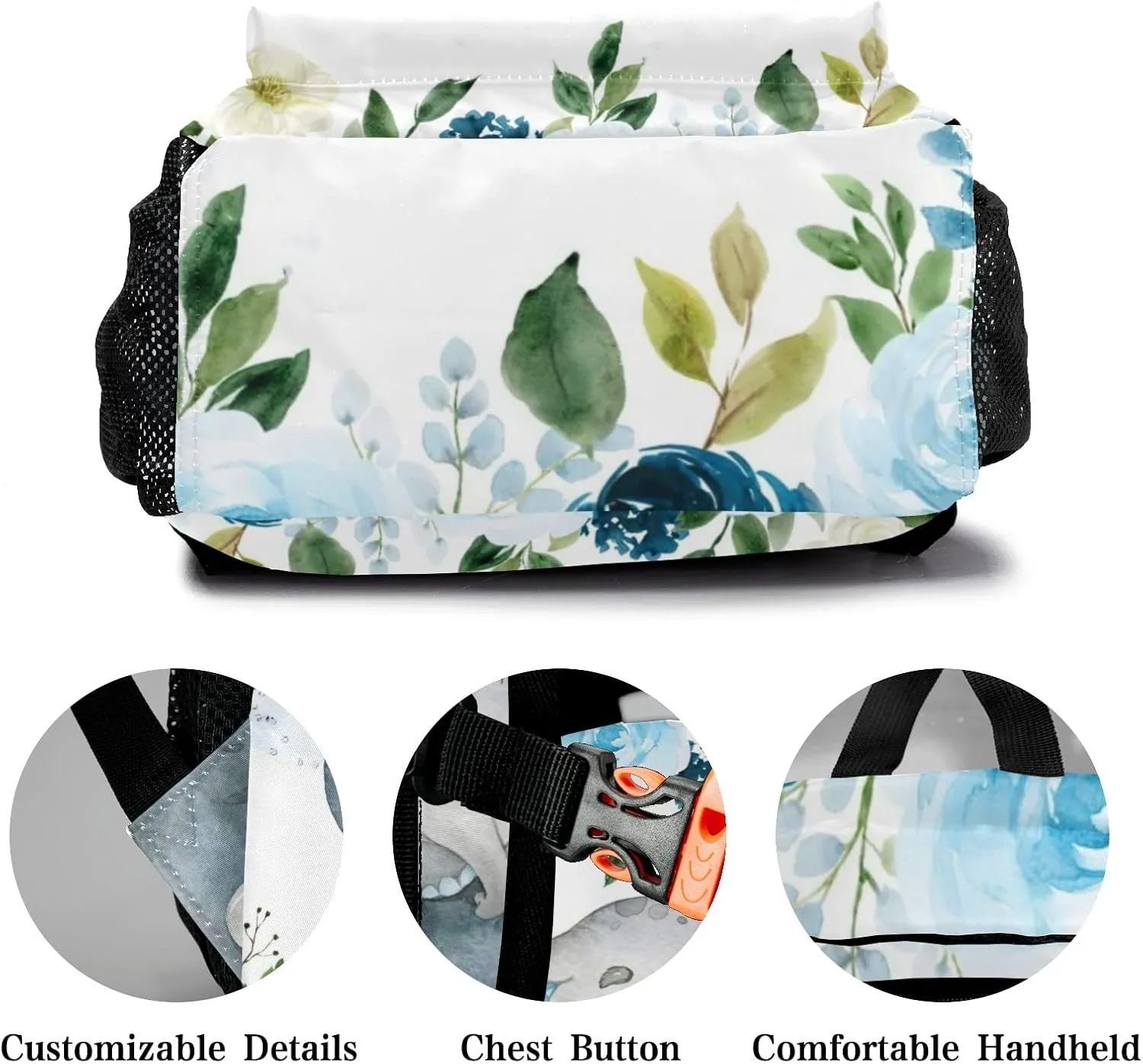 Blue Floral Elephant Personalized Kids School Backpack Custom Name for Boys Girls Primary Daypack Bookbag Travel Bag