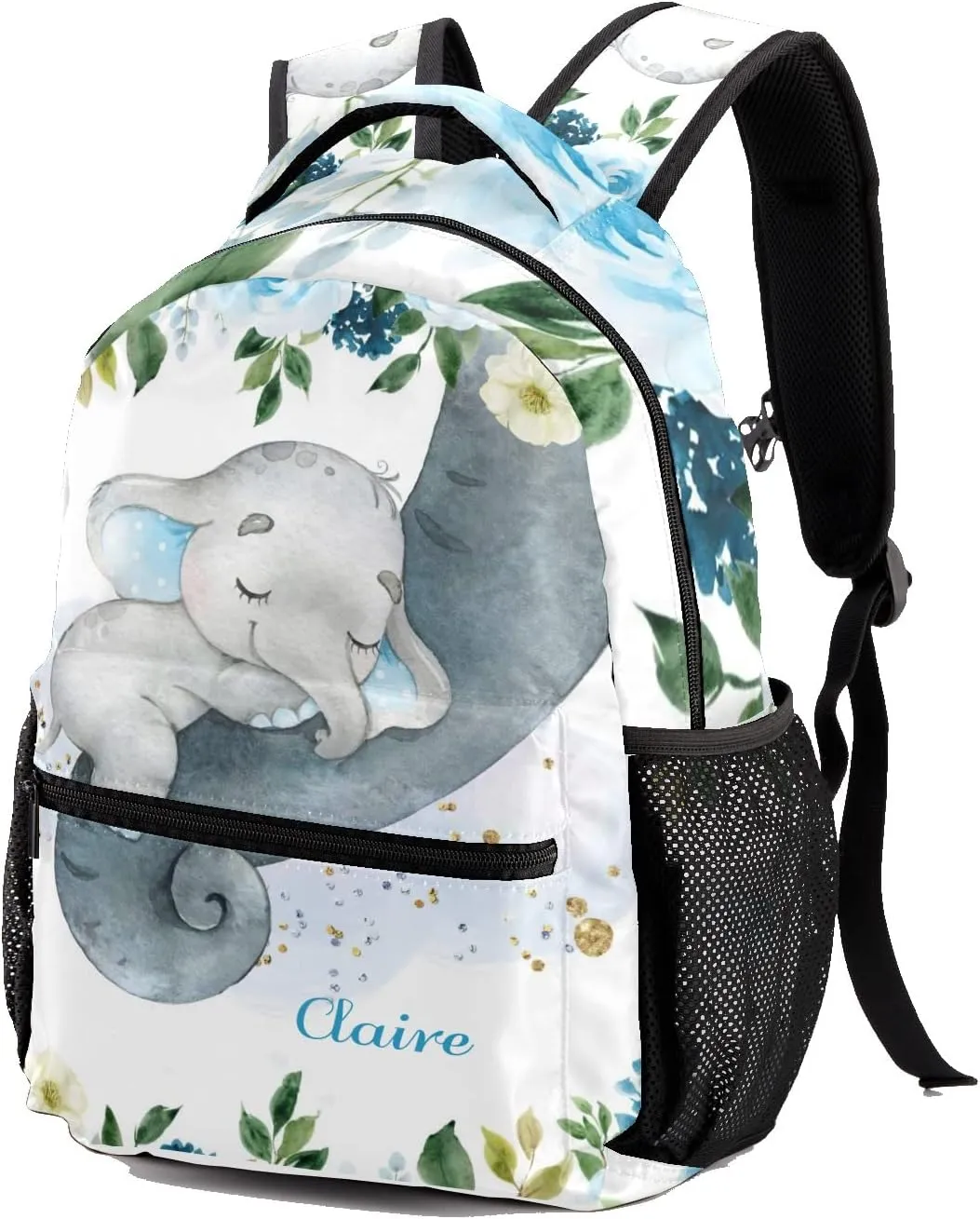 Blue Floral Elephant Personalized Kids School Backpack Custom Name for Boys Girls Primary Daypack Bookbag Travel Bag