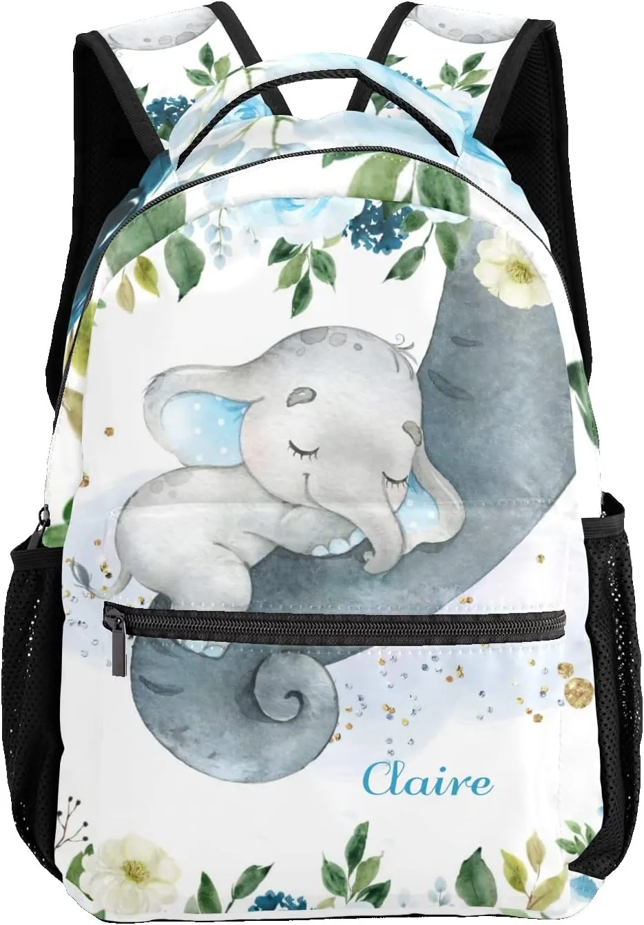 Blue Floral Elephant Personalized Kids School Backpack Custom Name for Boys Girls Primary Daypack Bookbag Travel Bag