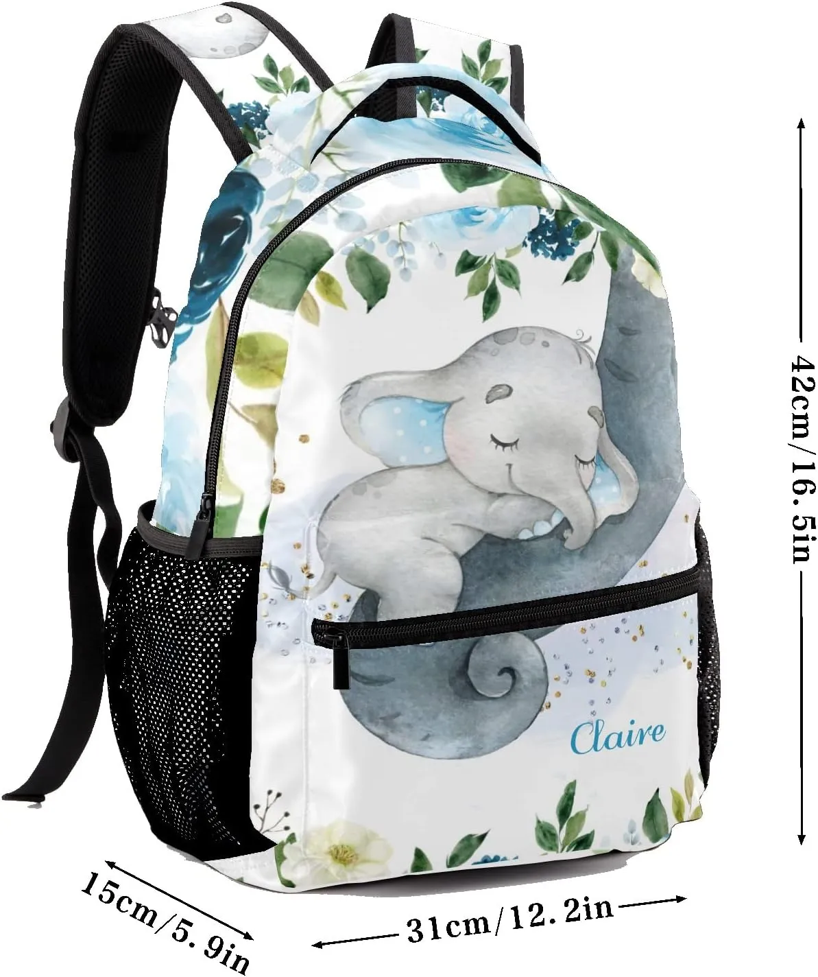 Blue Floral Elephant Personalized Kids School Backpack Custom Name for Boys Girls Primary Daypack Bookbag Travel Bag