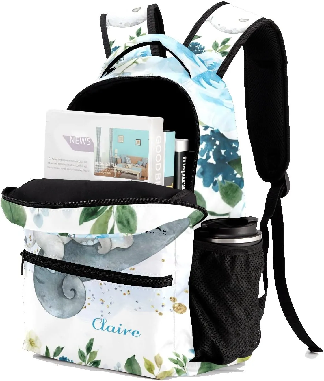 Blue Floral Elephant Personalized Kids School Backpack Custom Name for Boys Girls Primary Daypack Bookbag Travel Bag