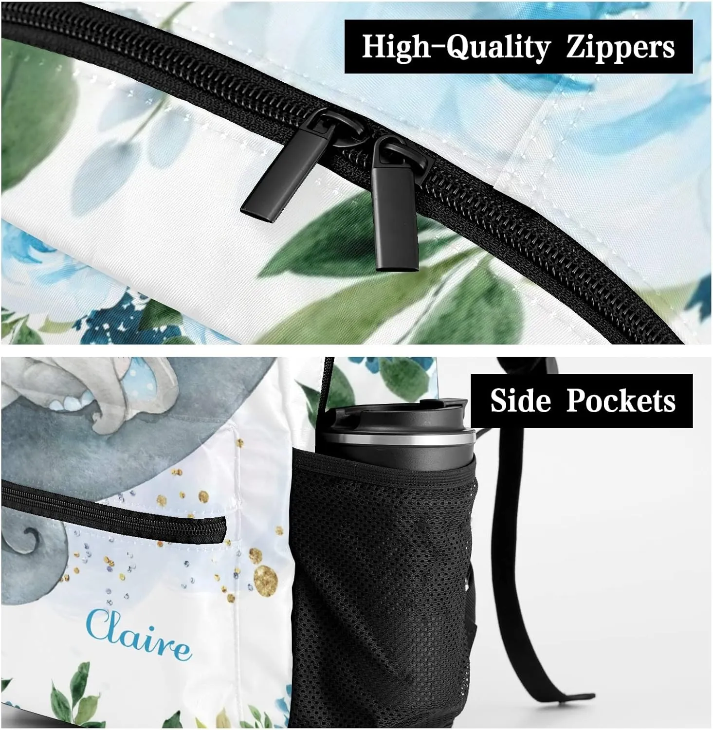 Blue Floral Elephant Personalized Kids School Backpack Custom Name for Boys Girls Primary Daypack Bookbag Travel Bag