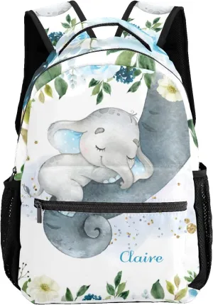 Blue Floral Elephant Personalized Kids School Backpack Custom Name for Boys Girls Primary Daypack Bookbag Travel Bag