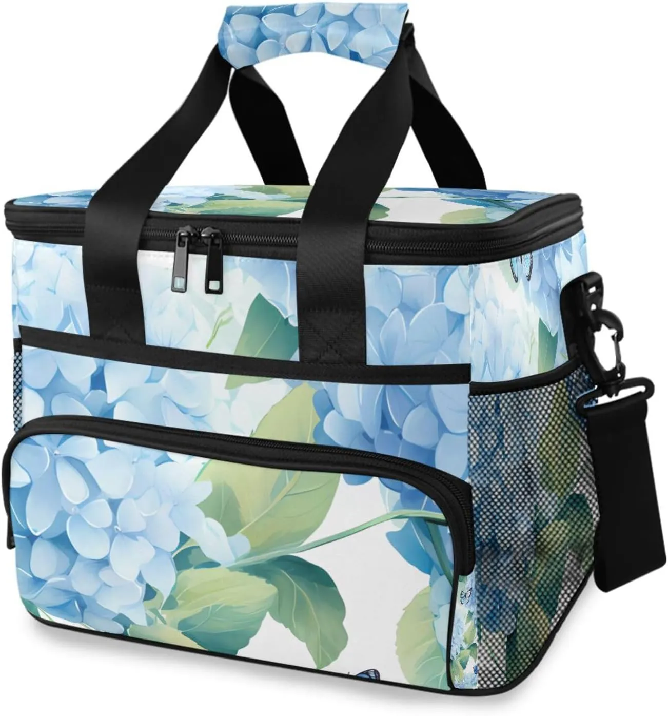 Blue Hydrangea Flower Butterfly Tropical Cooler Bag Insulated Cooler Soft Sided Cooler 24 Can Portable Picnic Bag Large Leakproof Lunch Bag Box for Beach Grocery Camping Travel Car Men Women