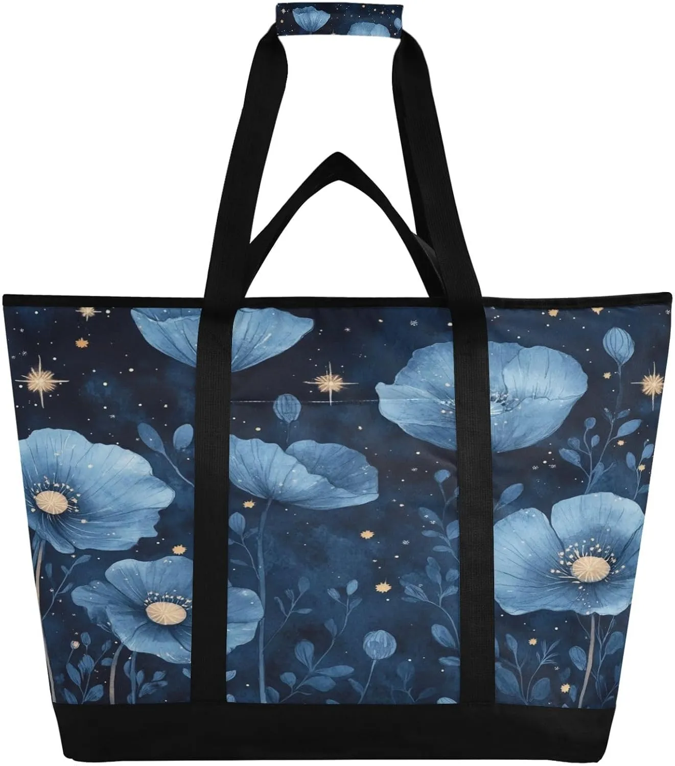 Blue Poppy Reusable Insulated Lunchbox Cooler Bag, Leakproof Kitchen Grocery Bag Collapsible Portable Cooler Tote Bag for Picnic, Camping, Office, Travel
