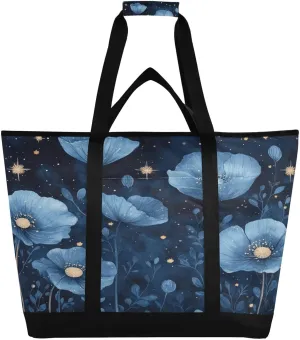 Blue Poppy Reusable Insulated Lunchbox Cooler Bag, Leakproof Kitchen Grocery Bag Collapsible Portable Cooler Tote Bag for Picnic, Camping, Office, Travel