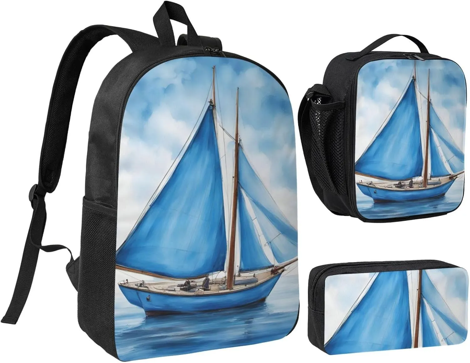 Blue Sailboat print Backpack 3pcs Set Including 17 Inch Large BookBag With Lunch Bag And Practical Pen Bag