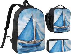 Blue Sailboat print Backpack 3pcs Set Including 17 Inch Large BookBag With Lunch Bag And Practical Pen Bag