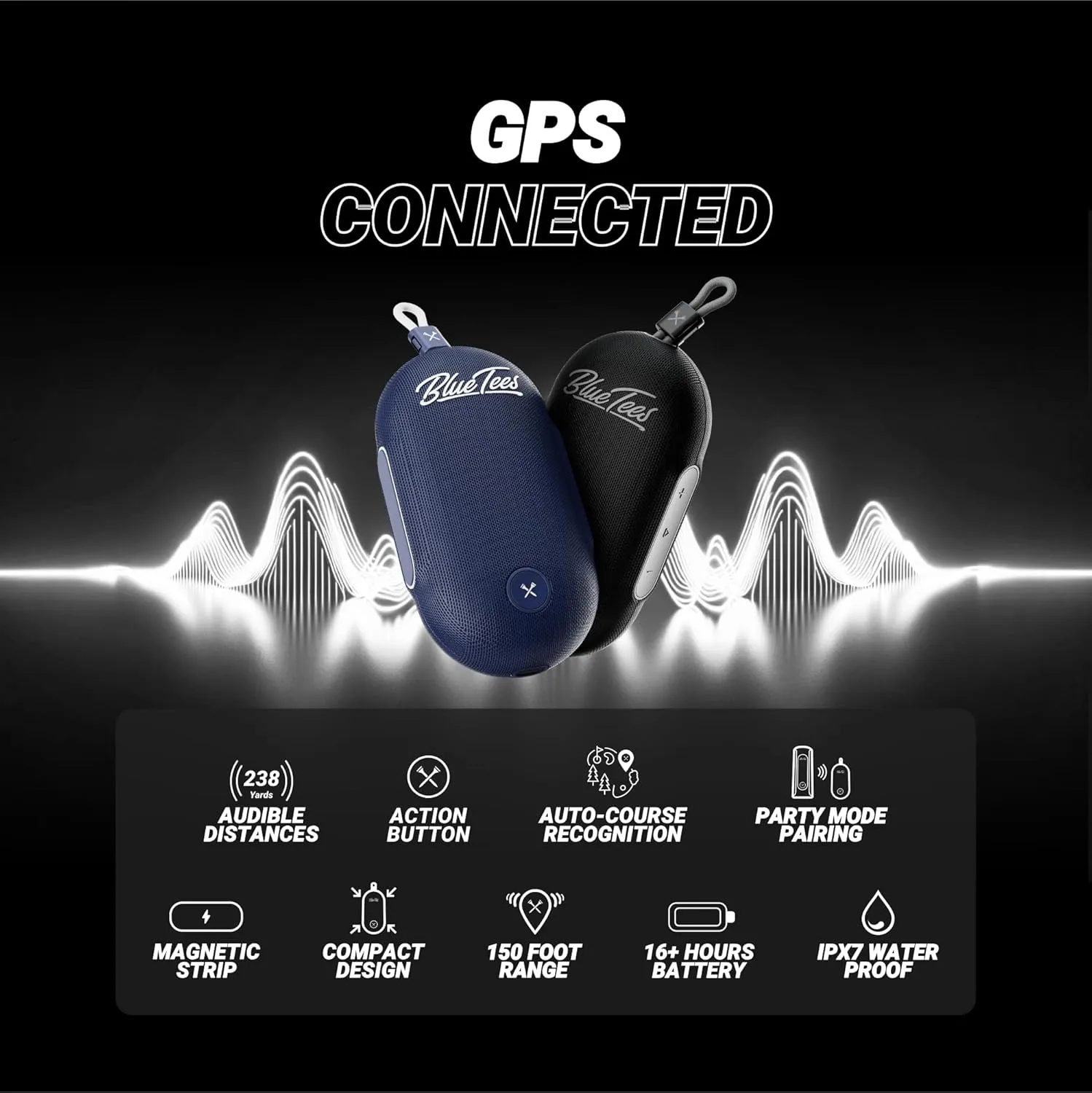 Blue Tees Golf Player Go - Compact GPS Speaker, Bluetooth Music & Audible GPS Distances, Auto Course Recognition, IPX7 Waterproof, 40,000  Preloaded Courses, 16  Hours Battery, Built-in Magnetic Strip