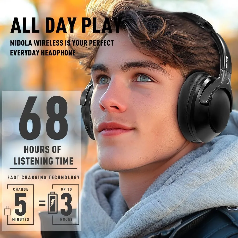 Bluetooth 5.3 Headphones Over Ear 68H Playtime 6 EQ Wireless Headset with Microphone HiFi Stereo Foldable Lightweight Deep Bass for Travel Home Office Cellphone Black