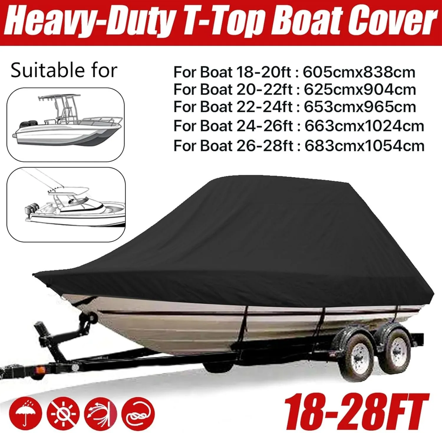 Boat Cover 18-28ft 600D Jumbos Cruiser Boat-Cover Heavy-Duty Oceansouth Marine Water Sun Proof UV Protection Fish-Ski VHull Mooring Cover (Size:18-20FT)