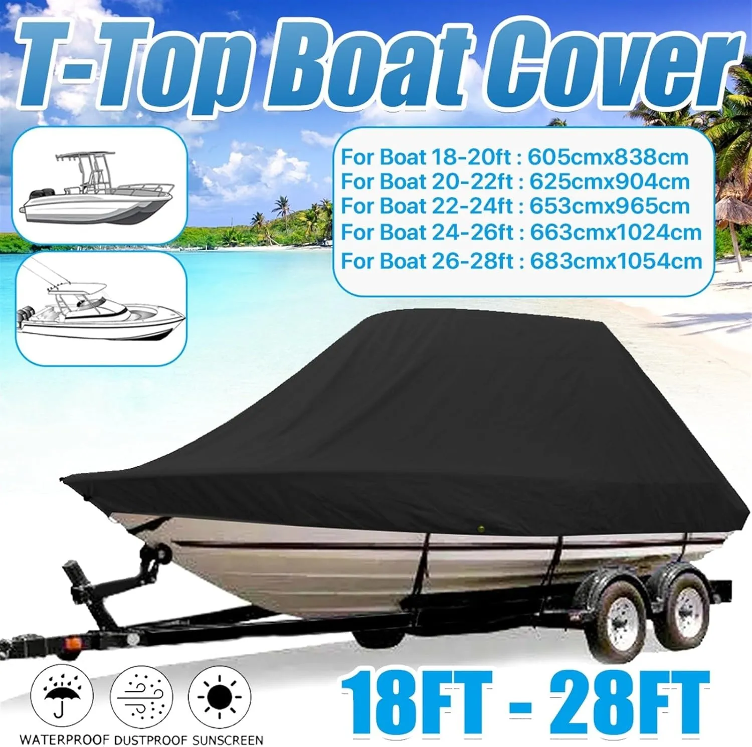Boat Cover 18-28ft 600D Jumbos Cruiser Boat-Cover Heavy-Duty Oceansouth Marine Water Sun Proof UV Protection Fish-Ski VHull Mooring Cover (Size:18-20FT)