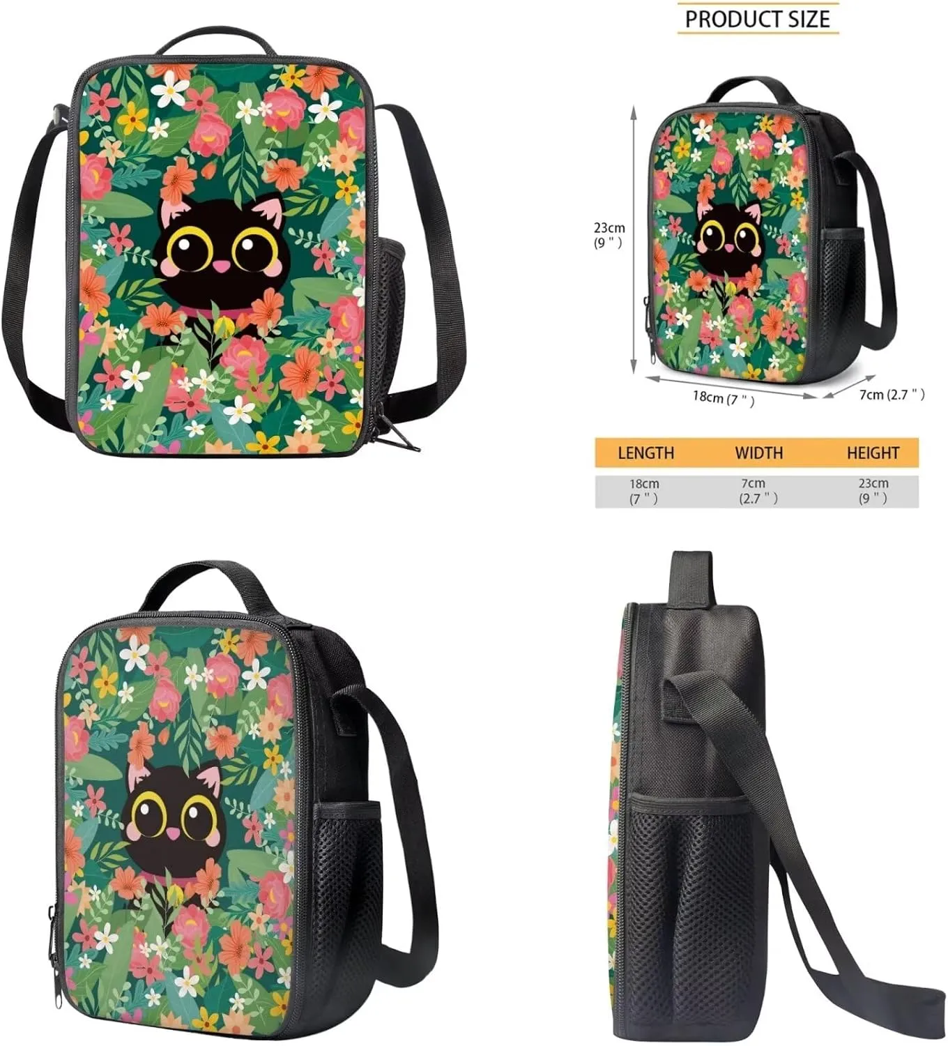 Boho Cat Girls Bookbag with Lunch Box Kids Backpack with Lunch Case Pencil Pouch Set of 3 Cute Girls School Backpack Wear Resistant Easy to Clean Shoulder Bag Practical Gifts