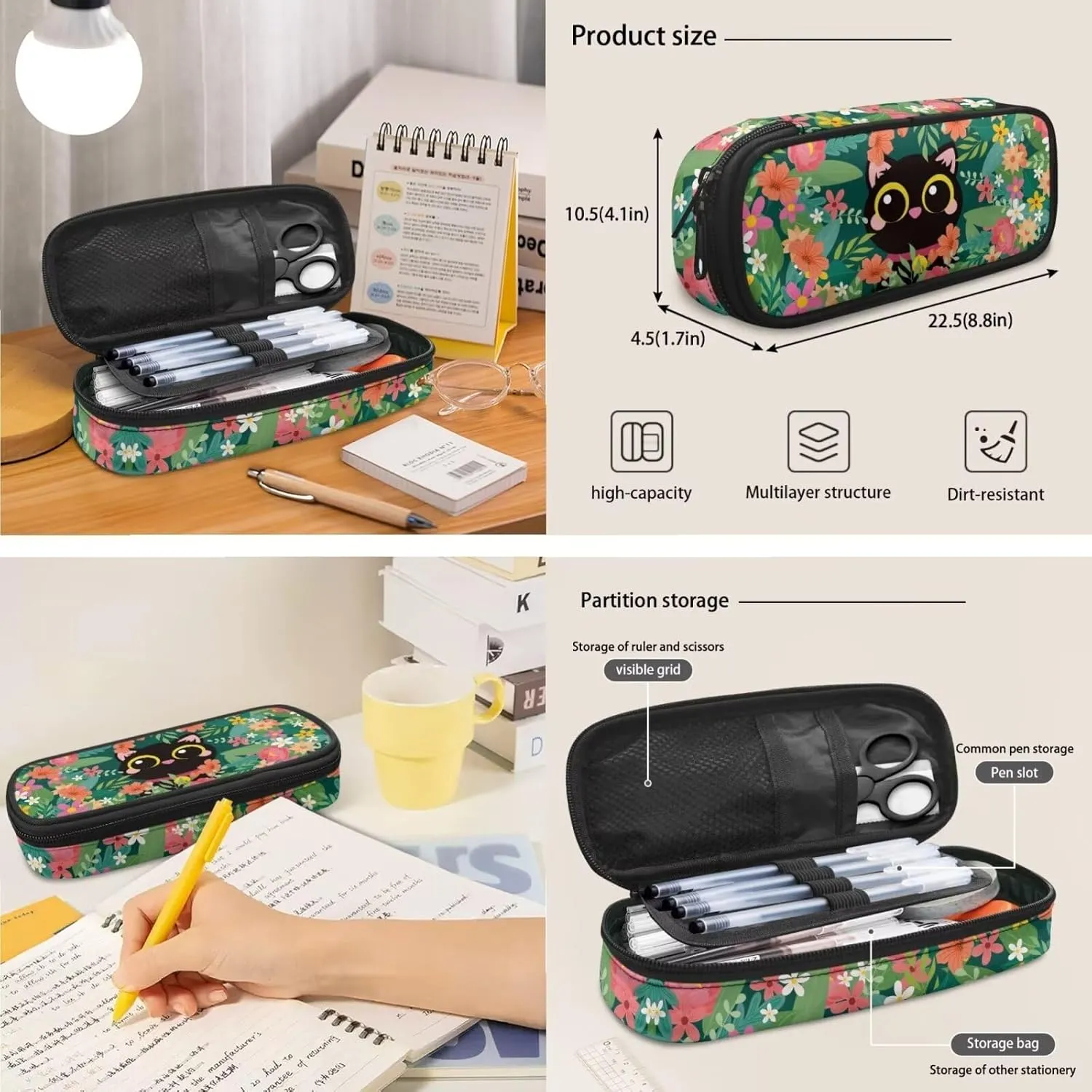 Boho Cat Girls Bookbag with Lunch Box Kids Backpack with Lunch Case Pencil Pouch Set of 3 Cute Girls School Backpack Wear Resistant Easy to Clean Shoulder Bag Practical Gifts