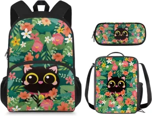 Boho Cat Girls Bookbag with Lunch Box Kids Backpack with Lunch Case Pencil Pouch Set of 3 Cute Girls School Backpack Wear Resistant Easy to Clean Shoulder Bag Practical Gifts