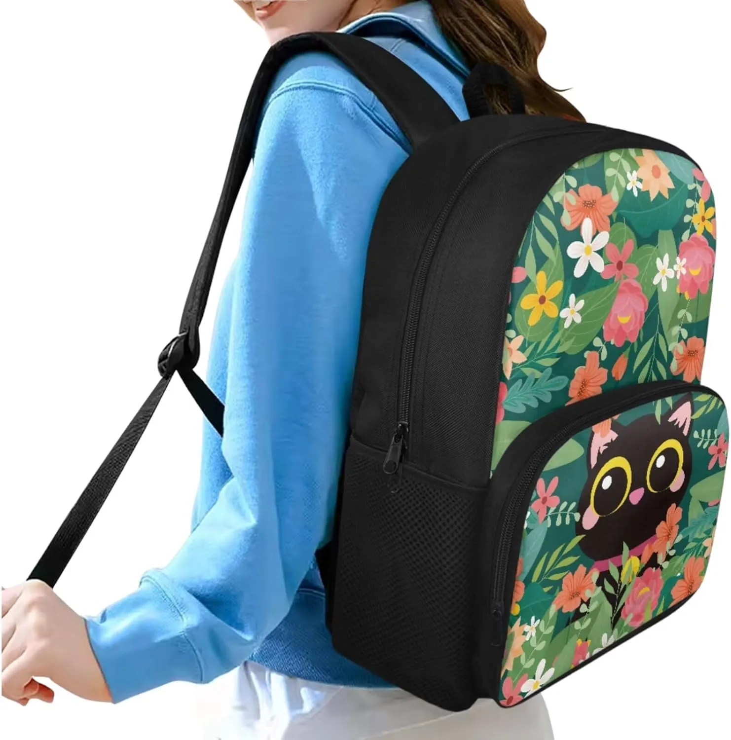 Boho Cat Girls Bookbag with Lunch Box Kids Backpack with Lunch Case Pencil Pouch Set of 3 Cute Girls School Backpack Wear Resistant Easy to Clean Shoulder Bag Practical Gifts