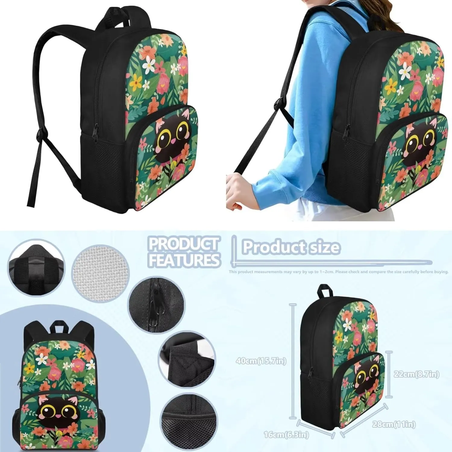 Boho Cat Girls Bookbag with Lunch Box Kids Backpack with Lunch Case Pencil Pouch Set of 3 Cute Girls School Backpack Wear Resistant Easy to Clean Shoulder Bag Practical Gifts