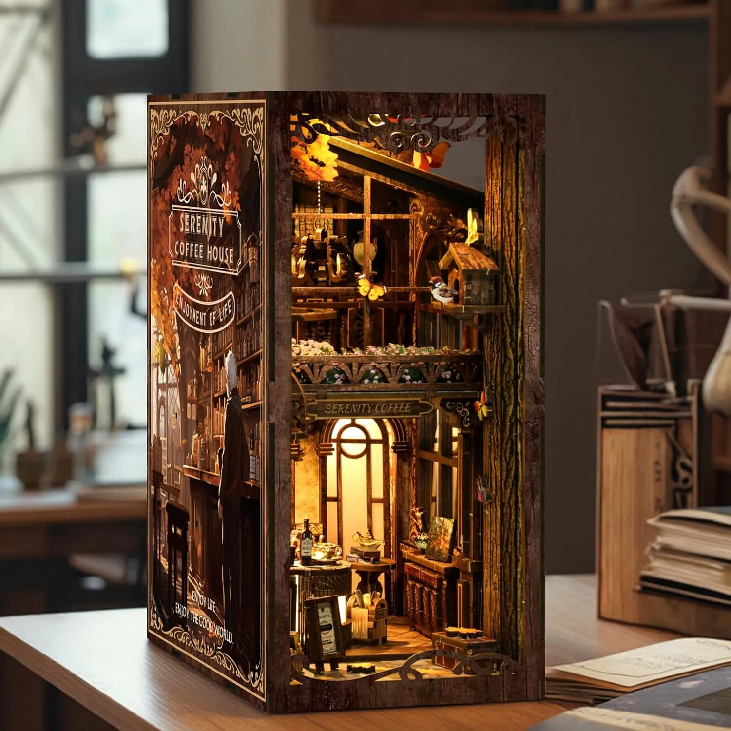 Book Nook Kit - DIY Miniature House Dollhouse Kit for Adults and Teens Booknook 3D Wooden Puzzle Creative Bookshelf Décor Decorative Bookend Serenity Coffee House