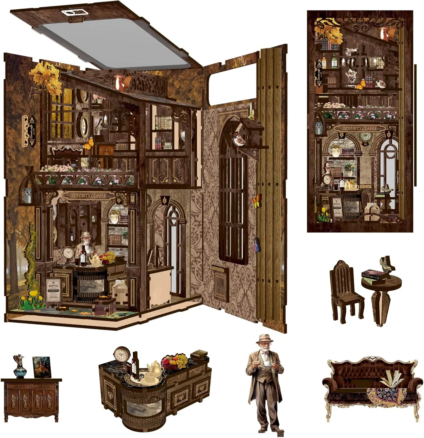Book Nook Kit - DIY Miniature House Dollhouse Kit for Adults and Teens Booknook 3D Wooden Puzzle Creative Bookshelf Décor Decorative Bookend Serenity Coffee House