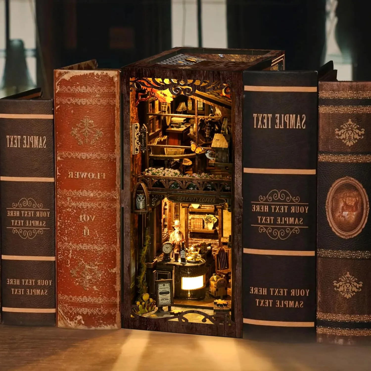 Book Nook Kit - DIY Miniature House Dollhouse Kit for Adults and Teens Booknook 3D Wooden Puzzle Creative Bookshelf Décor Decorative Bookend Serenity Coffee House