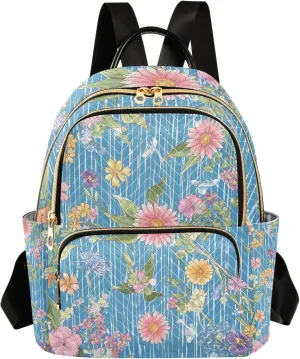 Botanical Pattern Blue Multifloral Campus Backpack Purse Bookbag Quilted Backpack for Women 13" Laptop Backpack Stylish Printed Rucksack with Multiple Pockets Lightweight Travel