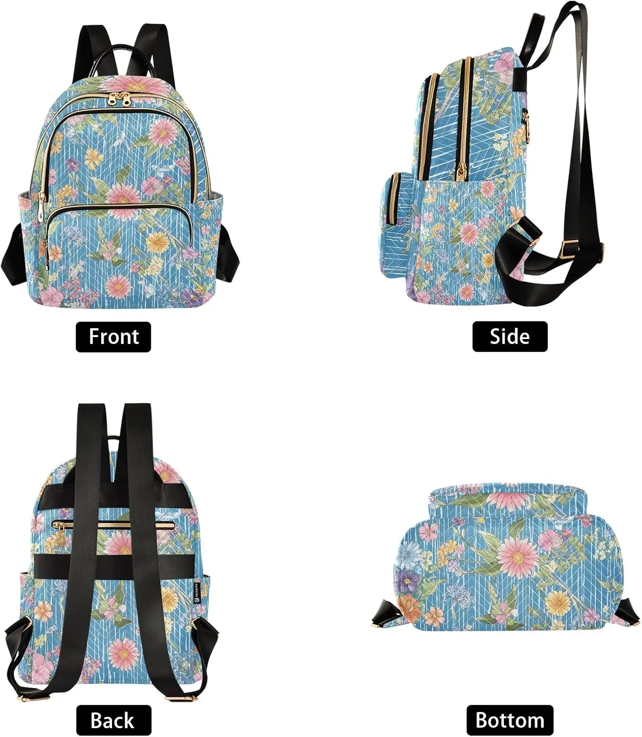 Botanical Pattern Blue Multifloral Campus Backpack Purse Bookbag Quilted Backpack for Women 13" Laptop Backpack Stylish Printed Rucksack with Multiple Pockets Lightweight Travel