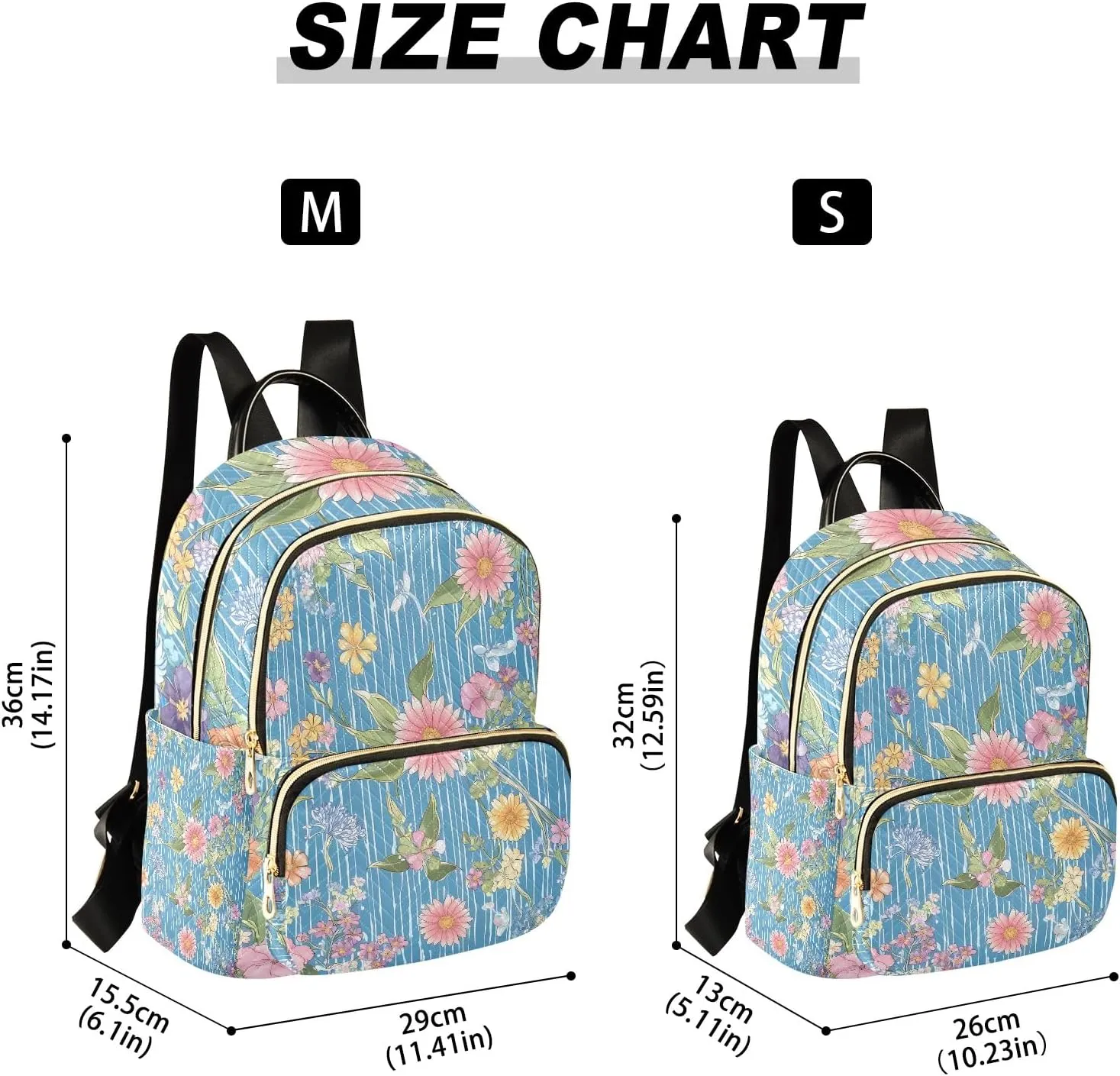 Botanical Pattern Blue Multifloral Campus Backpack Purse Bookbag Quilted Backpack for Women 13" Laptop Backpack Stylish Printed Rucksack with Multiple Pockets Lightweight Travel