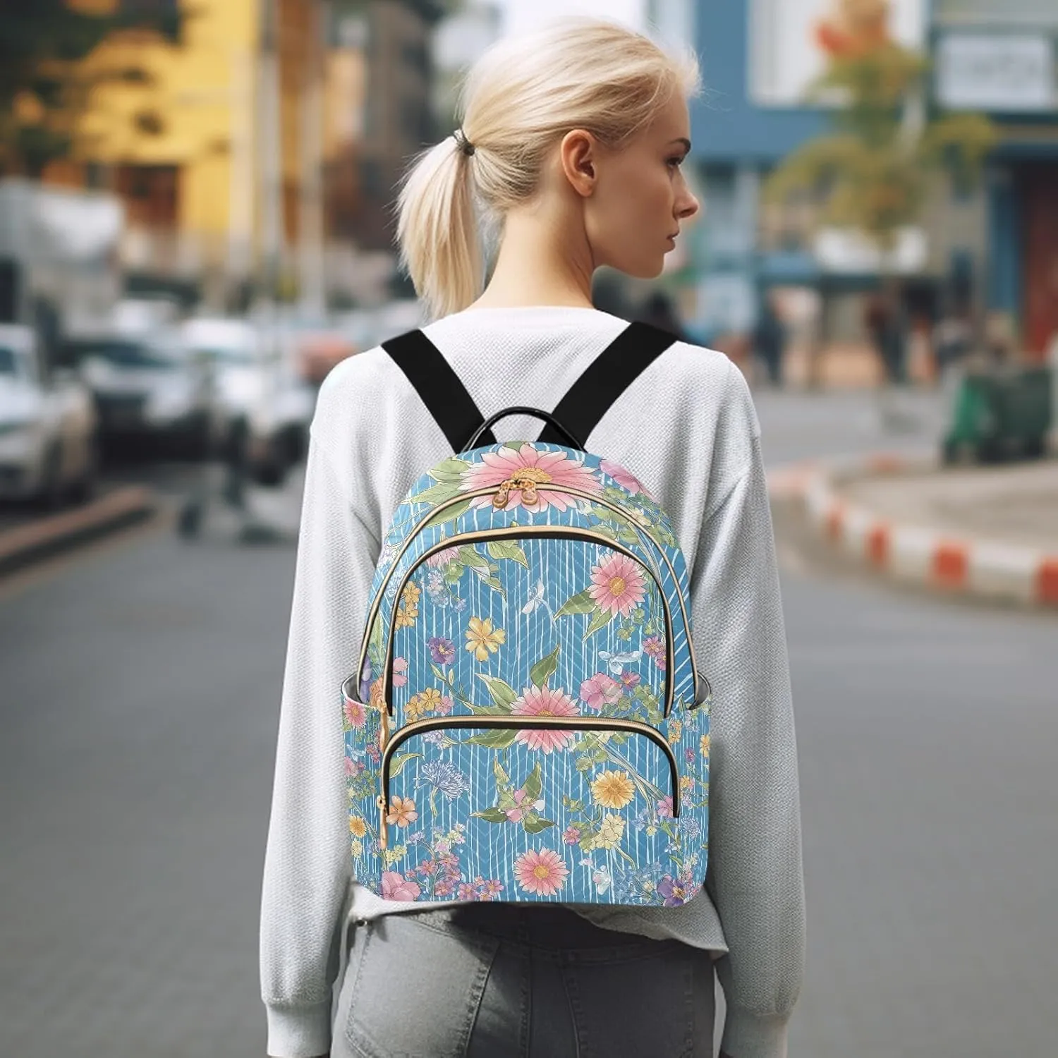 Botanical Pattern Blue Multifloral Campus Backpack Purse Bookbag Quilted Backpack for Women 13" Laptop Backpack Stylish Printed Rucksack with Multiple Pockets Lightweight Travel