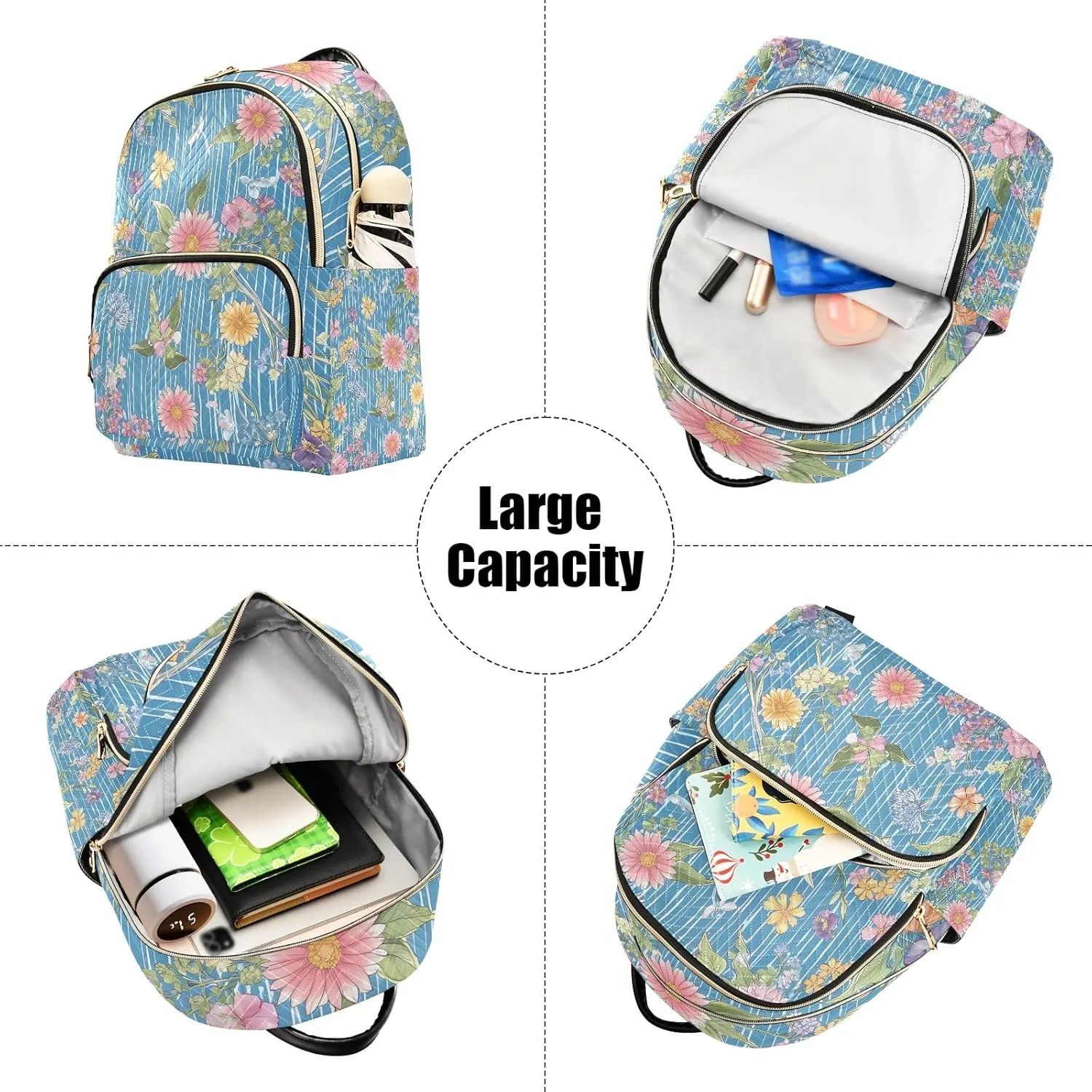 Botanical Pattern Blue Multifloral Campus Backpack Purse Bookbag Quilted Backpack for Women 13" Laptop Backpack Stylish Printed Rucksack with Multiple Pockets Lightweight Travel